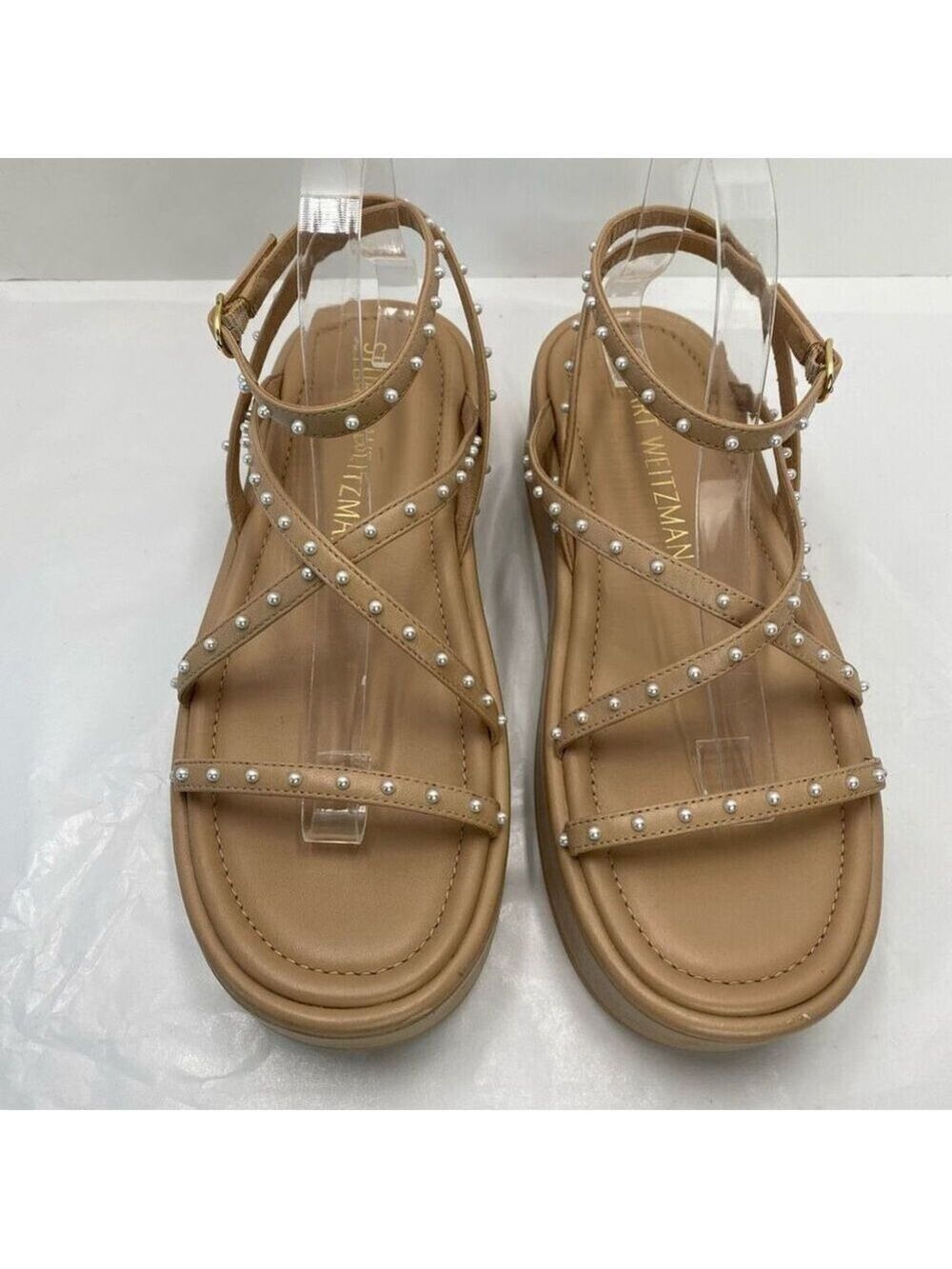 Stuart Weitzman Summerlift faux pearl embellished leather platforms sandals Wome - Picture 7 of 13